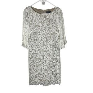 𝅺jessica Howard Ivory Delicate Lace Shift LS Dress, Nude Lining, Midi, 8